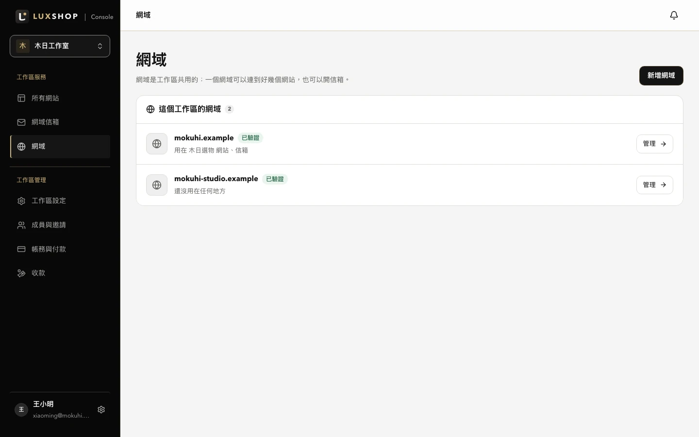 實際 Console 網域管理介面，可查看網域、DNS 與服務狀態