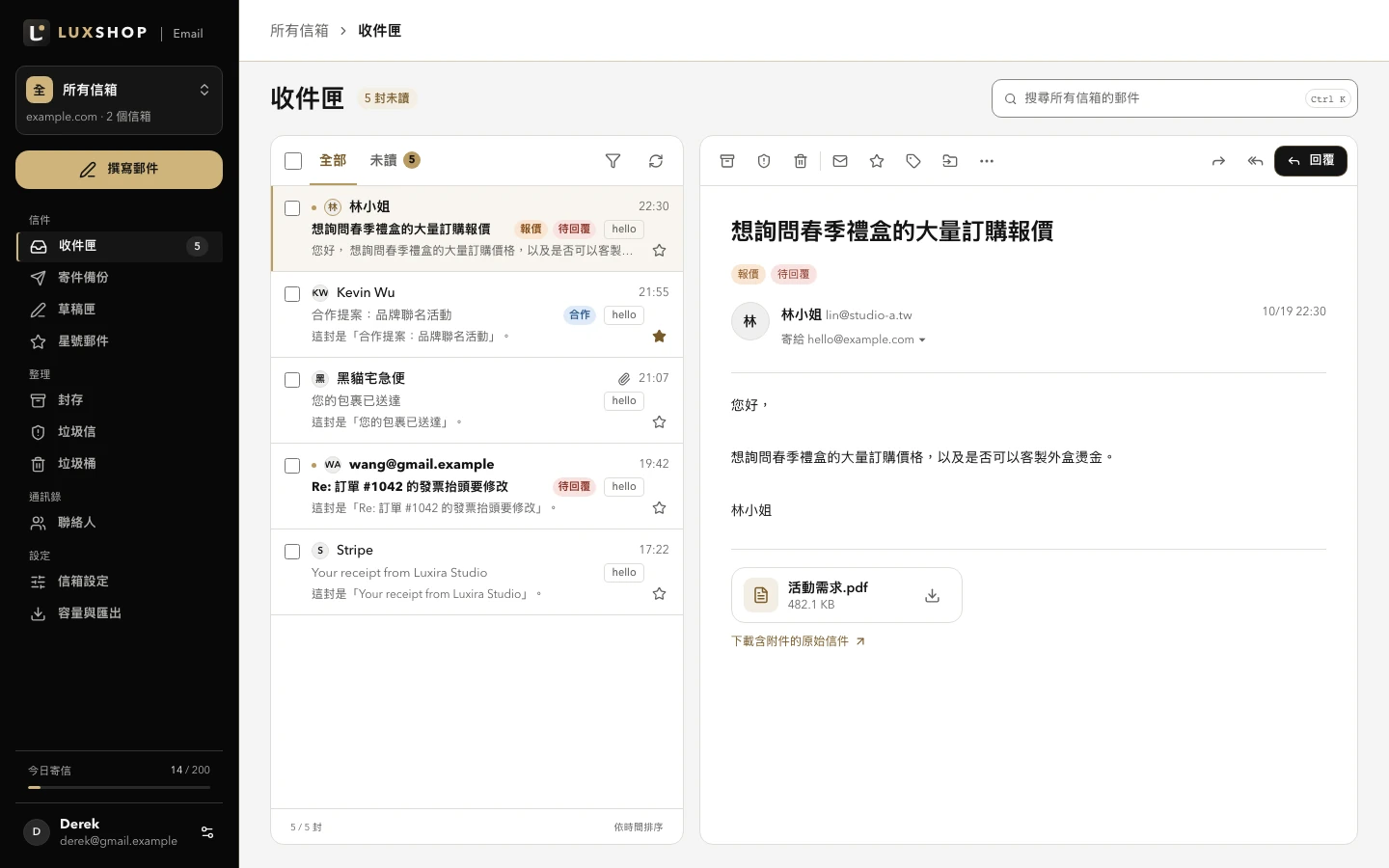實際品牌信箱介面，包含收件匣、郵件閱讀與回覆入口